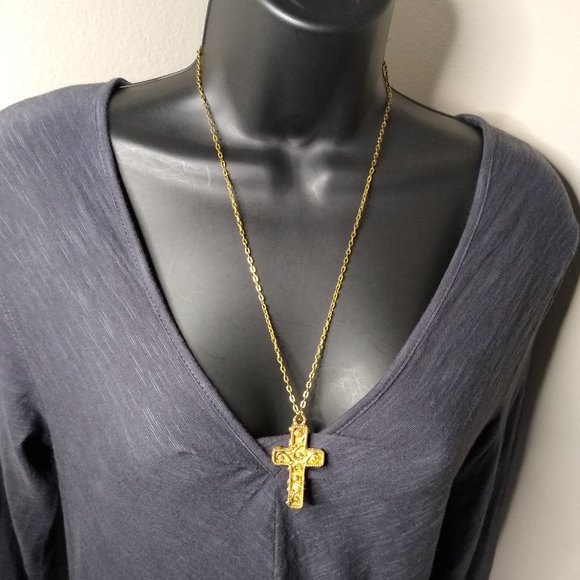 Vintage Metal Decorative Cross Necklace 23 Inches - Picture 2 of 14